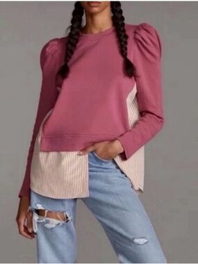 Anthropologie MAEVE Layered Tunic Sweatshirt XS Mauve Pink Puff Sleeve Top